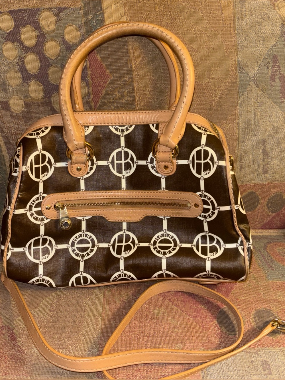 Henri bendel Monogram Circle Print Brown Leather-Trim Satchel